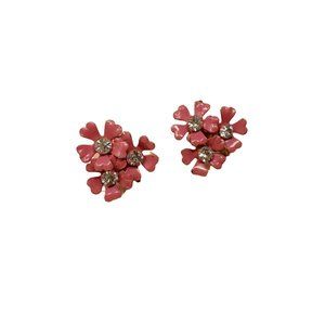 Vintage 1950s Screw Backs Pink 3 Flower Rhinestone Earrings